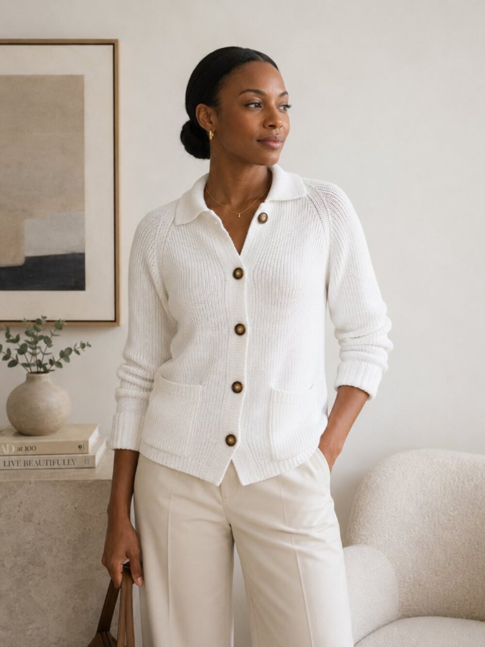 Appleseed's White Knit Cardigan Sweater M Coastal Grandma Classic Cottagecore